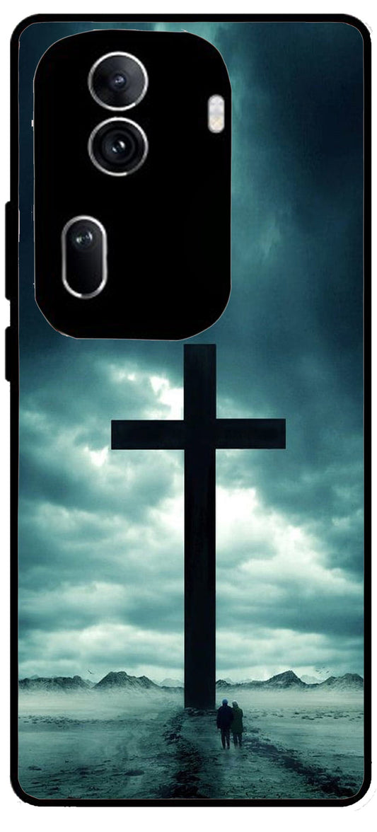 Jesus Cross Symbol Unbreakable Metal Back Case Mobile Cover with 4 Side Protection and Soft TPU Sides for Oppo Reno 11 pro