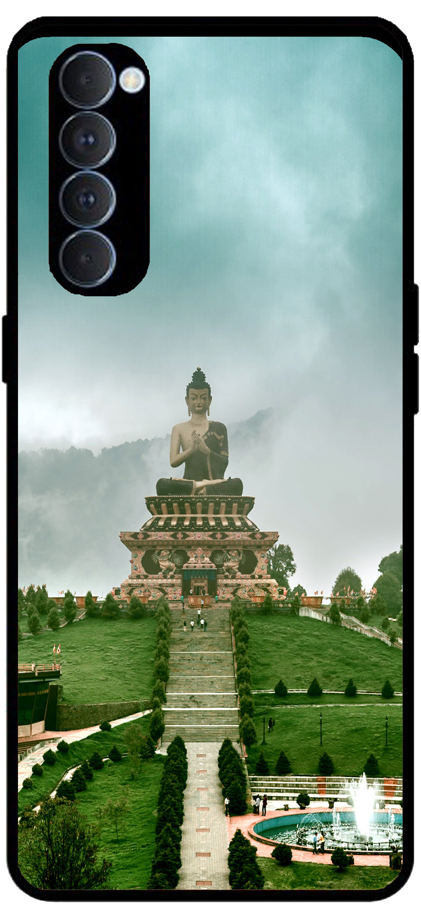 Lord Buddha Temple Printed Unbreakable Metal Back Case Mobile Cover with 4 Side Protection and Soft TPU Sides for RENO4 PRO