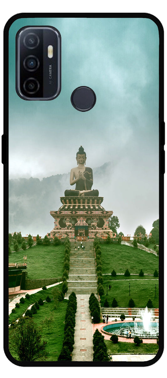 Lord Buddha Temple Printed Unbreakable Metal Back Case Mobile Cover with 4 Side Protection and Soft TPU Sides for Oppo A53