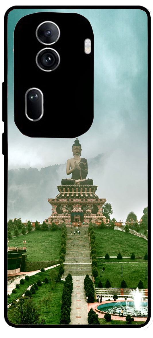 Lord Buddha Temple Printed Unbreakable Metal Back Case Mobile Cover with 4 Side Protection and Soft TPU Sides for Oppo Reno 11 pro