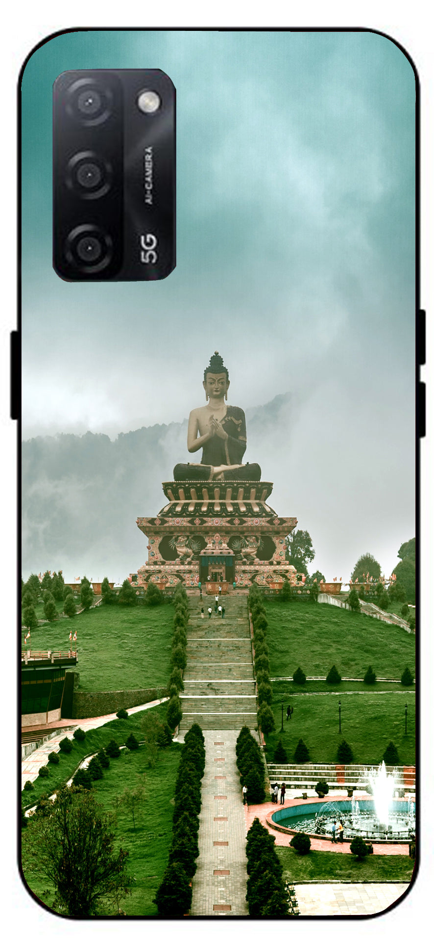 Lord Buddha Temple Printed Unbreakable Metal Back Case Mobile Cover with 4 Side Protection and Soft TPU Sides for Oppo A53s 5G