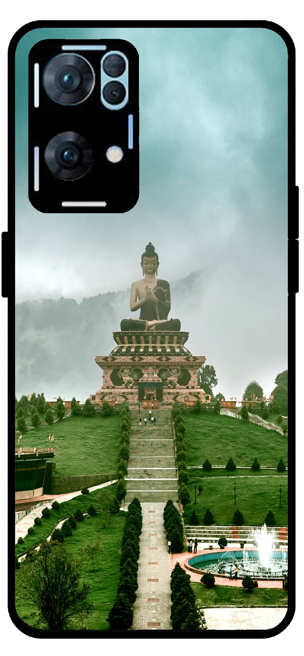 Lord Buddha Temple Printed Unbreakable Metal Back Case Mobile Cover with 4 Side Protection and Soft TPU Sides for Oppo Reno 7 Pro 5G