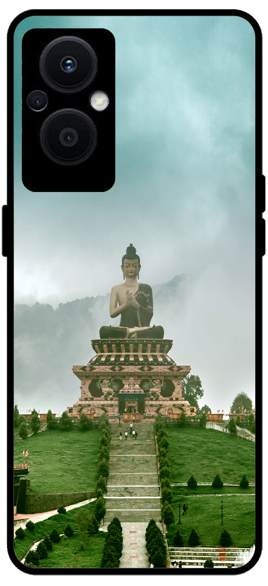 Lord Buddha Temple Printed Unbreakable Metal Back Case Mobile Cover with 4 Side Protection and Soft TPU Sides for OPPO F21 PRO 5G