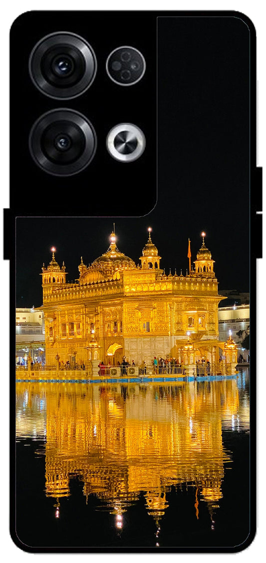 Golden Temple Night Printed Unbreakable Metal Back Case Mobile Cover with 4 Side Protection and Soft TPU Sides for Oppo Reno 8 Pro 5G 2D