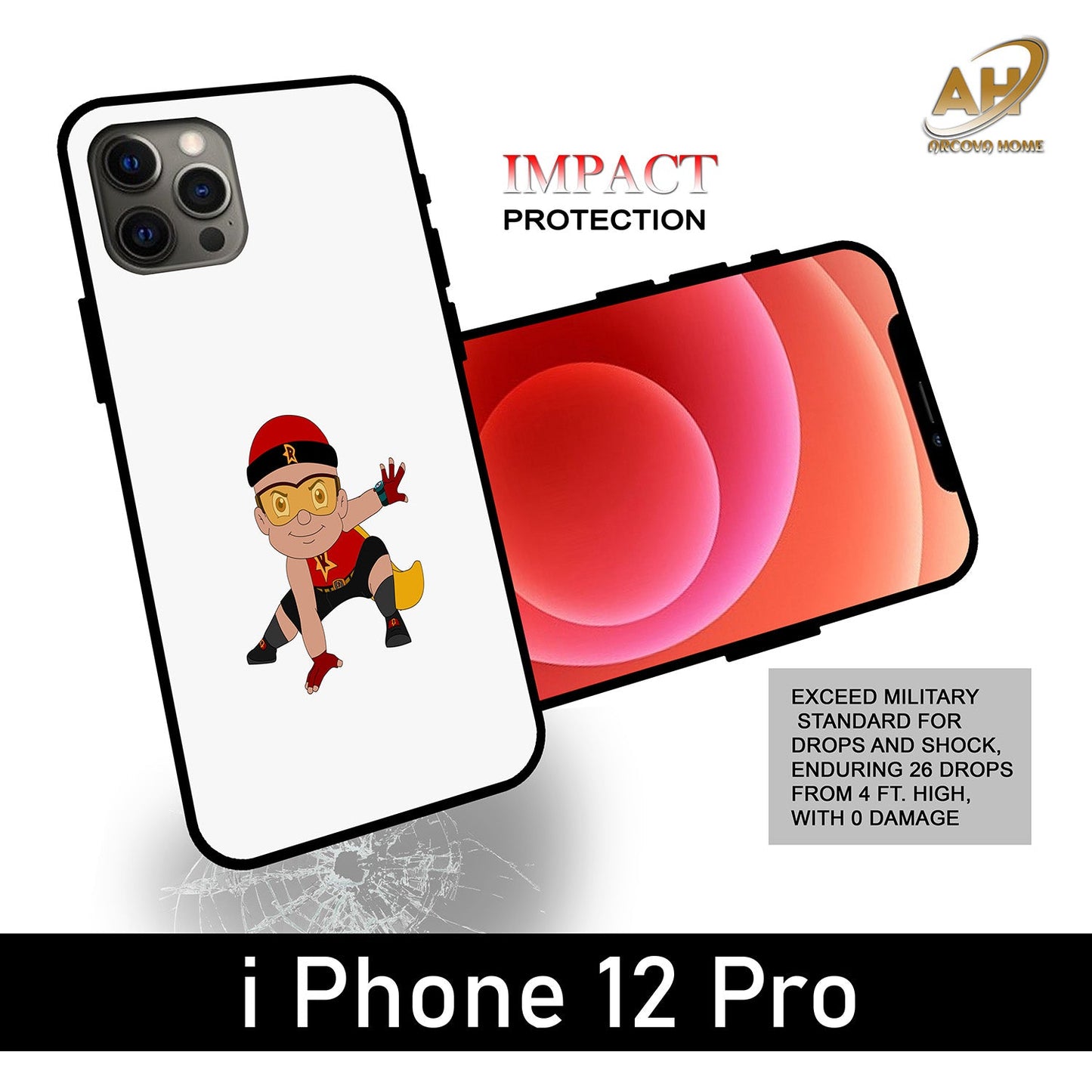 Animated Design Unbreakable Metal Back Case Mobile Cover with 4 Side Protection and Soft TPU Sides for Apple iphone 12 Pro