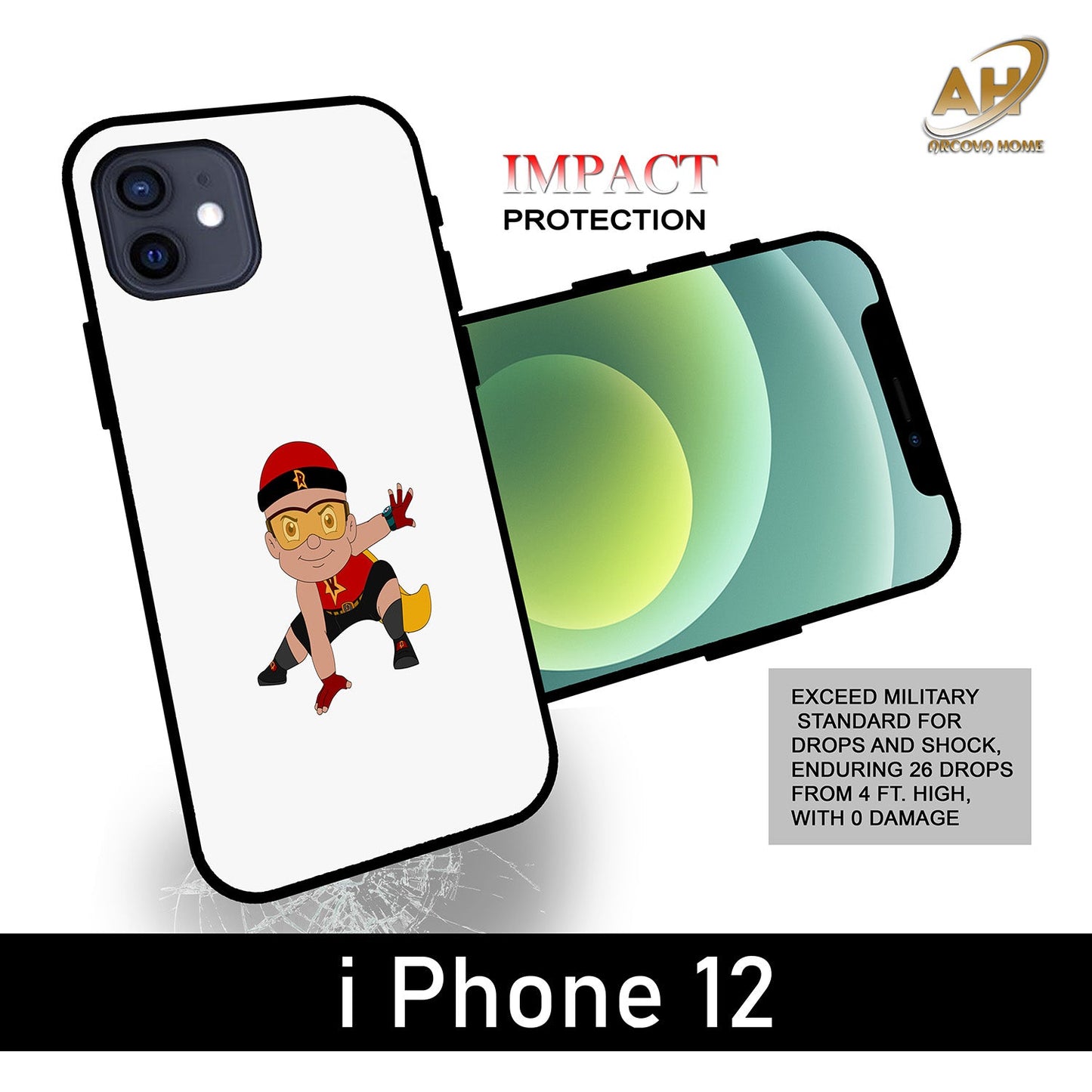 Animated Design Unbreakable metal Back Case Mobile Cover with 4 Side Protection and Soft TPU Sides for Apple iPhone 12