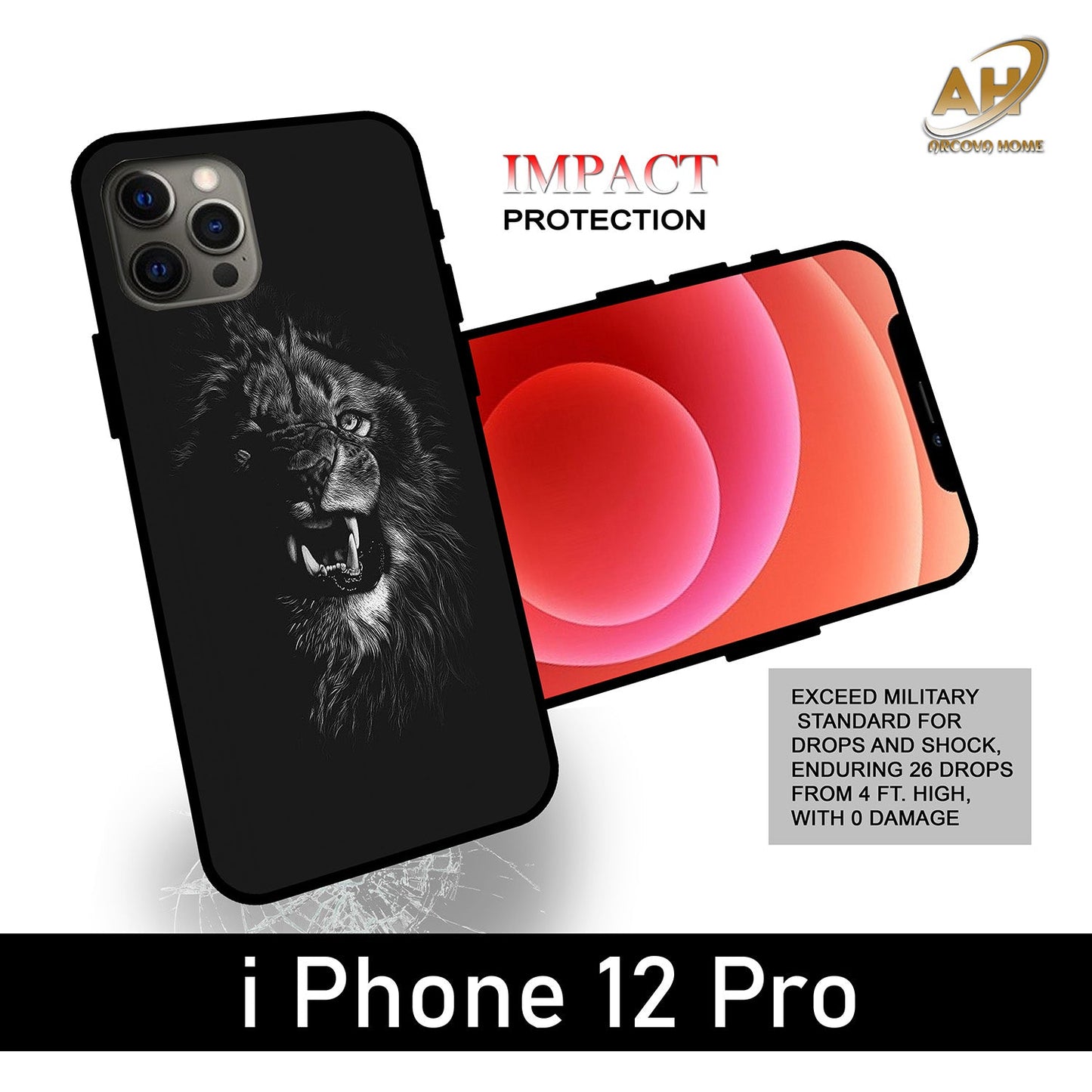 Angry Lion Unbreakable Metal Back Case Mobile Cover with 4 Side Protection and Soft TPU Sides for Apple iphone 12 Pro